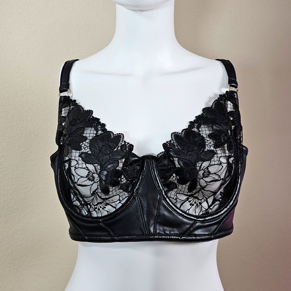 Honey Birdette Raene Black Embroidered Lace Faux Leather Longline Bra Size 40DD